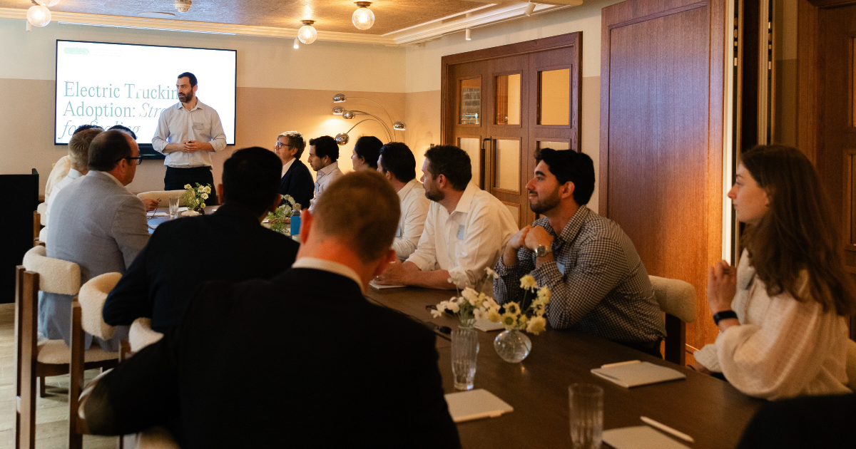 Daniel Salter, Senior Engagement Manager, The Climate Pledge, presents during a hands-on workshop focused on electric trucking adoption. 